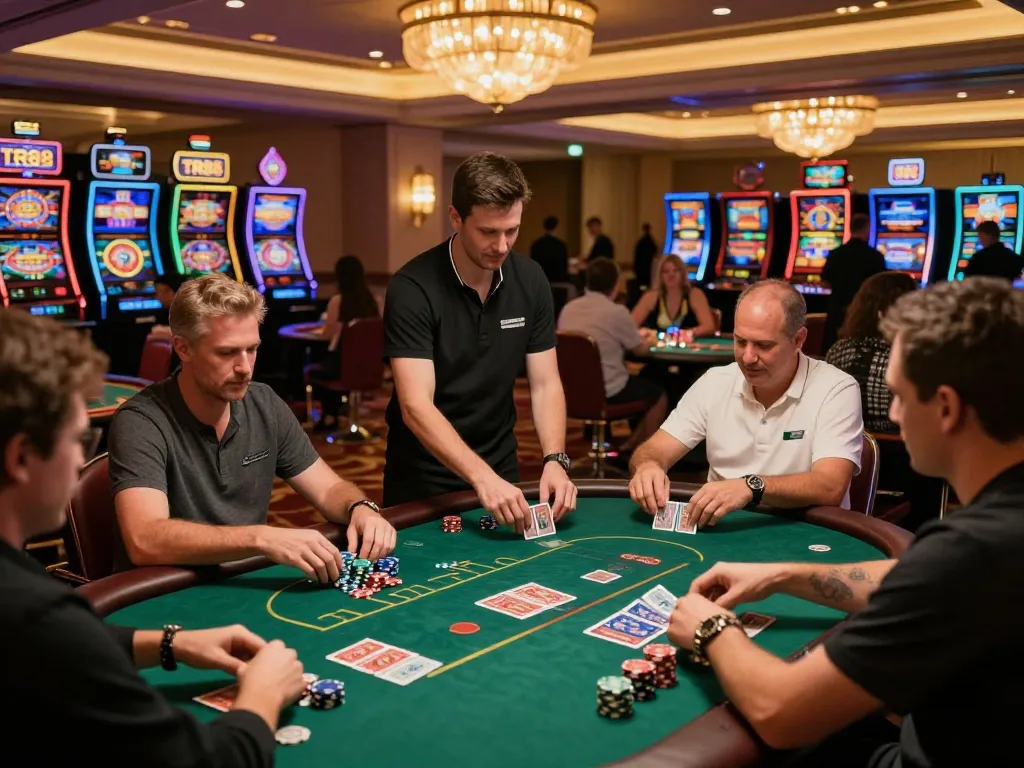 Players enjoying poker at TR88 casino, engaging with chips and cards in a lively atmosphere.