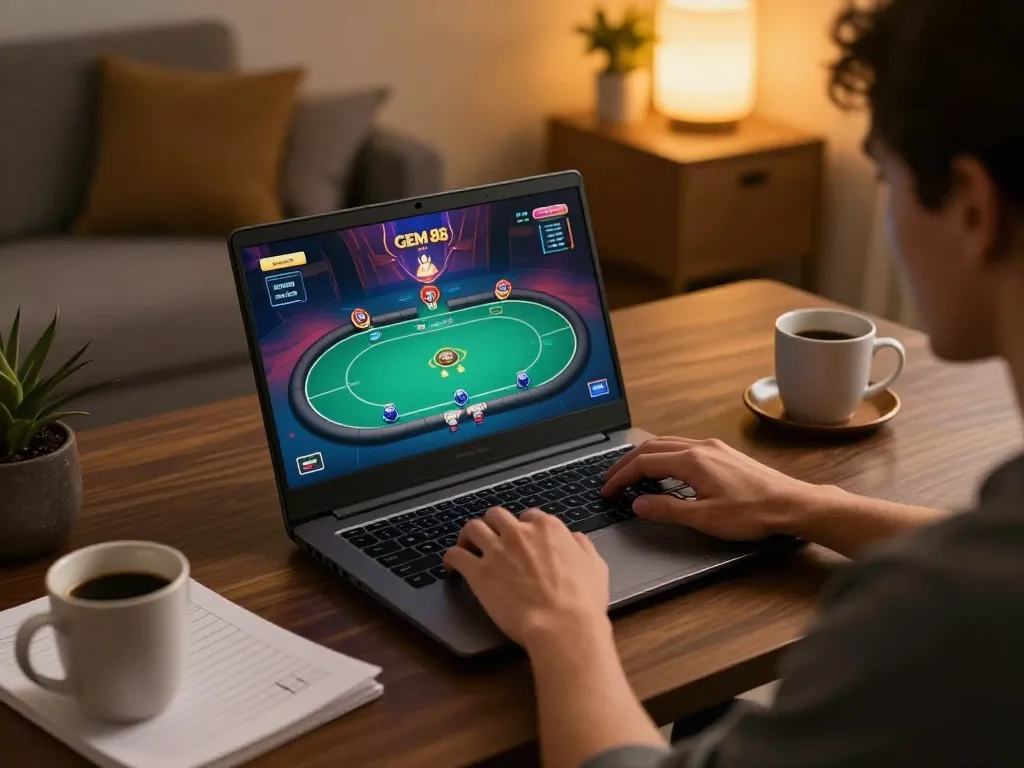 Engaging online gaming scene showcasing GEM 88 poker game on laptop, enhancing user experience.