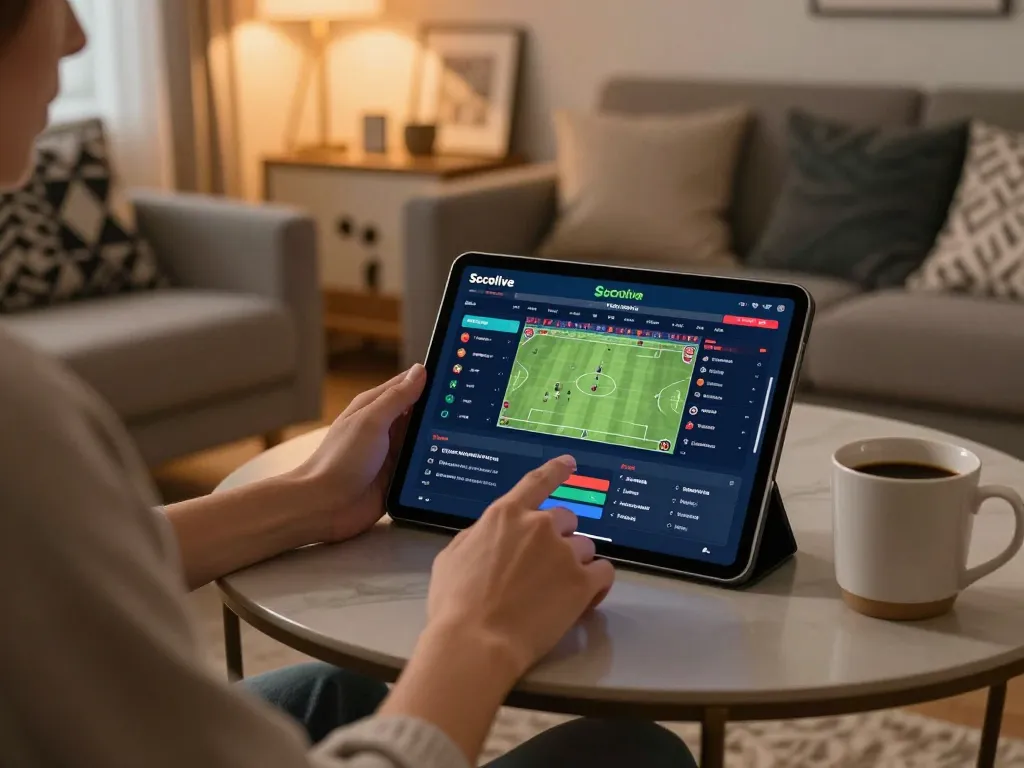 Socolive user enjoying online sports betting with tablet in a cozy living room
