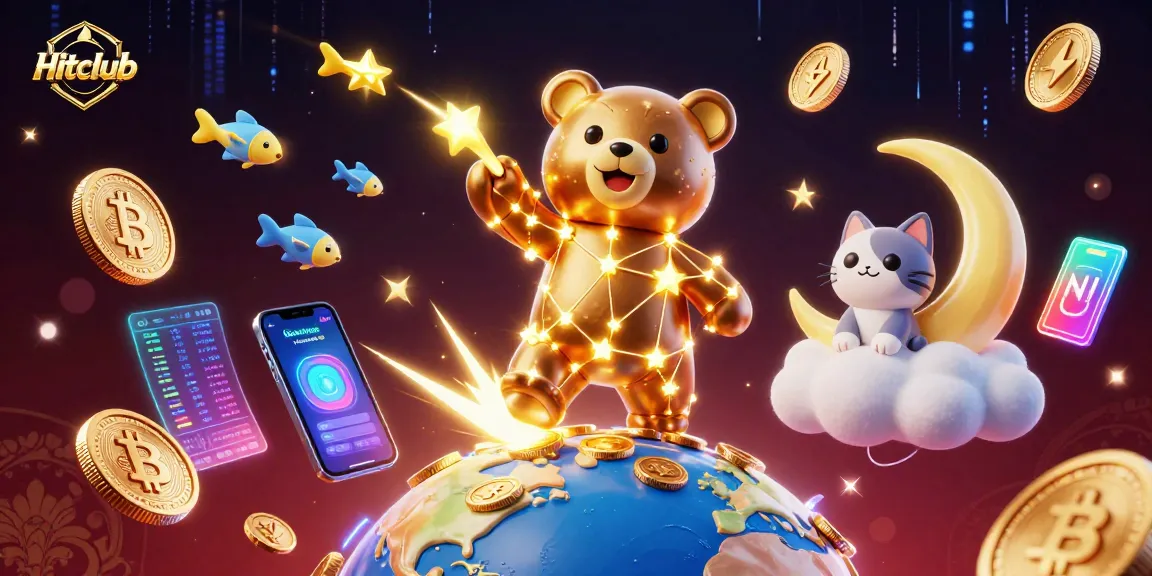Win big at Hitclub with 3D constellation bear and vibrant gaming elements in a rich digital scene.
