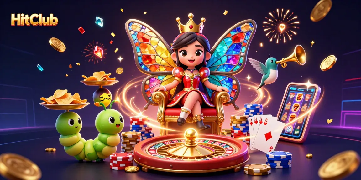 Experience the excitement of HitClub with a vibrant and colorful casino scene featuring a butterfly queen and dazzling game elements.