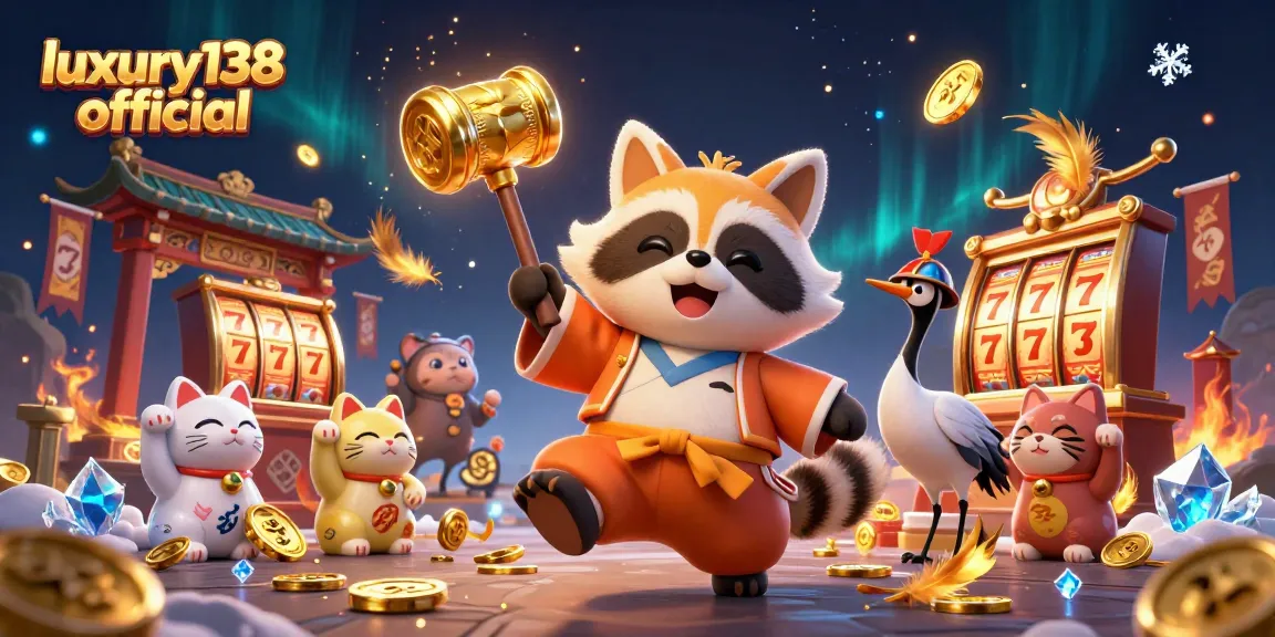 Engage with luxury138 official in a vibrant 3D casino scene filled with cheerful characters and slot elements.