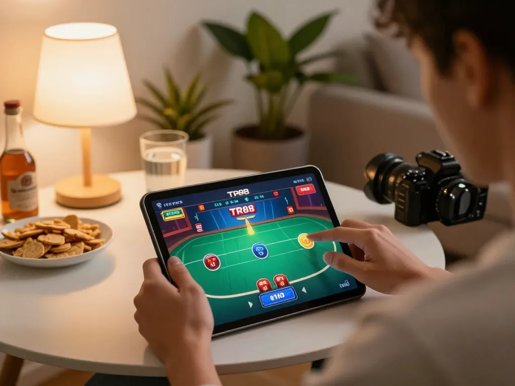 Engaging in a poker game while đăng nhập TR88 on a tablet in a cozy environment