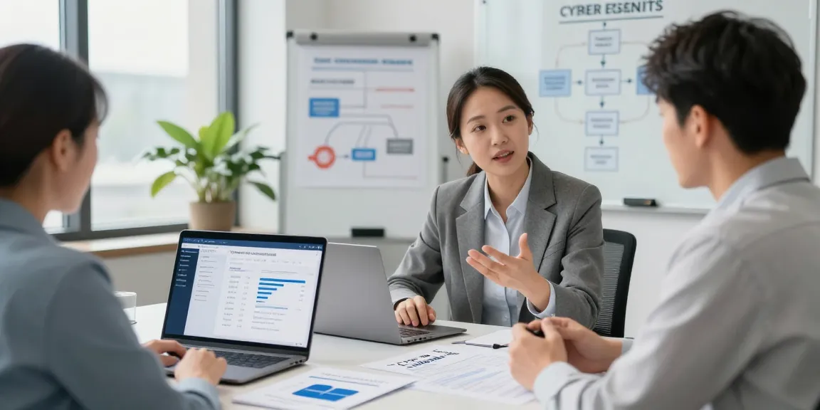 Meeting on cyber essentials insurance for SMEs in a professional office setting.
