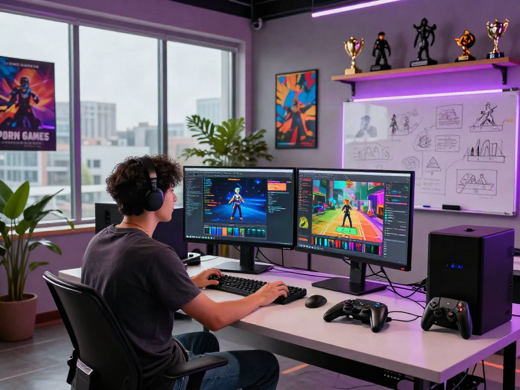 Engaging in creative design for porn games in a vibrant studio.