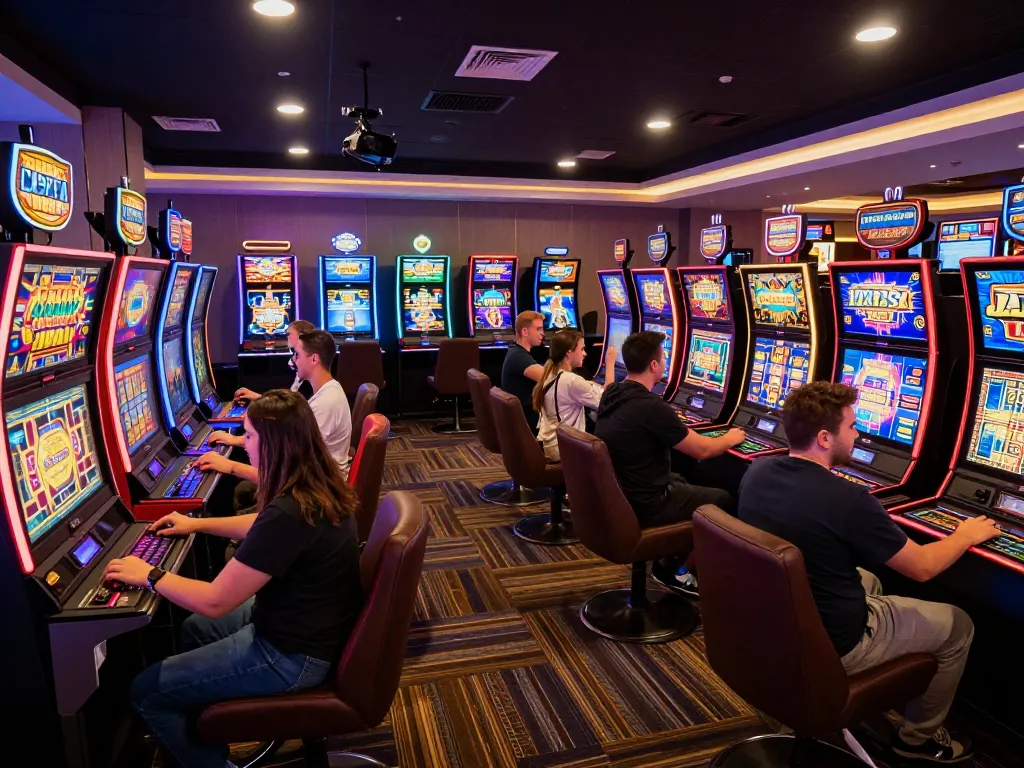 Experience khuyến mãi LU88 while enjoying exciting slot machine gameplay with vibrant lights and engaged players.