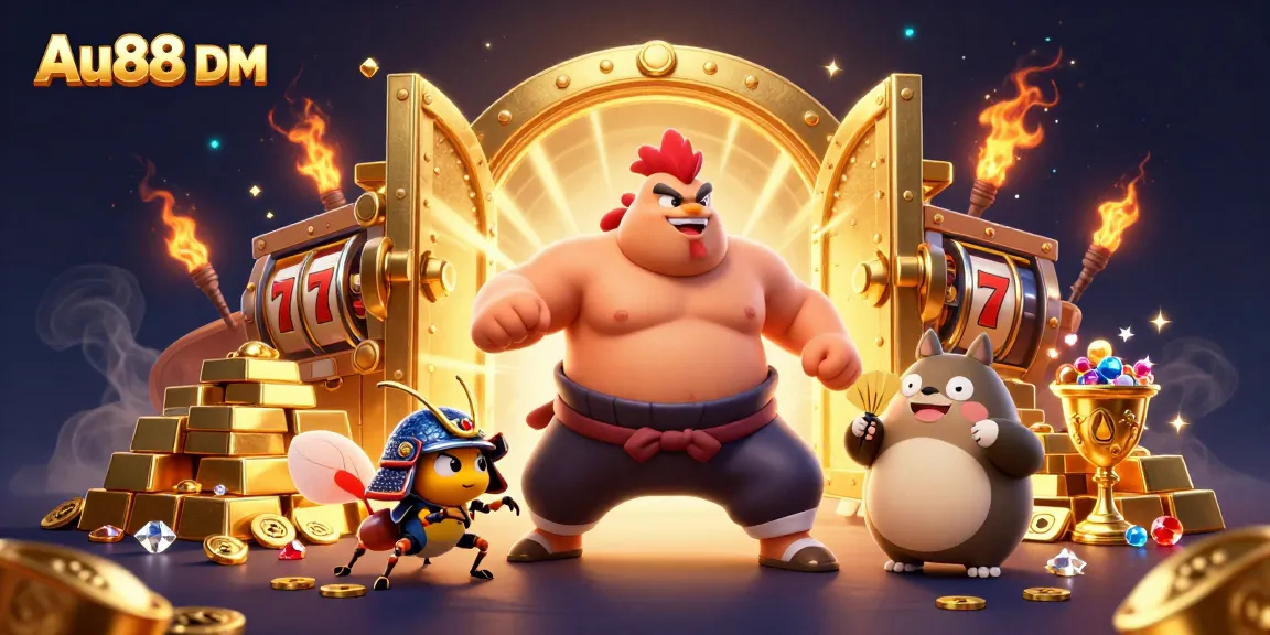 Experience the excitement of Au88 DM with a dynamic casino scene featuring rich treasures and characters.