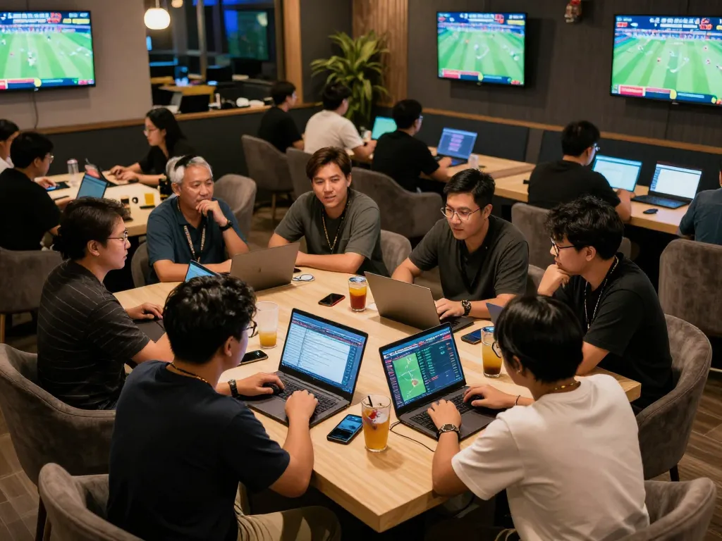 Fans analyzing keonhacai live betting odds in a vibrant sports lounge atmosphere