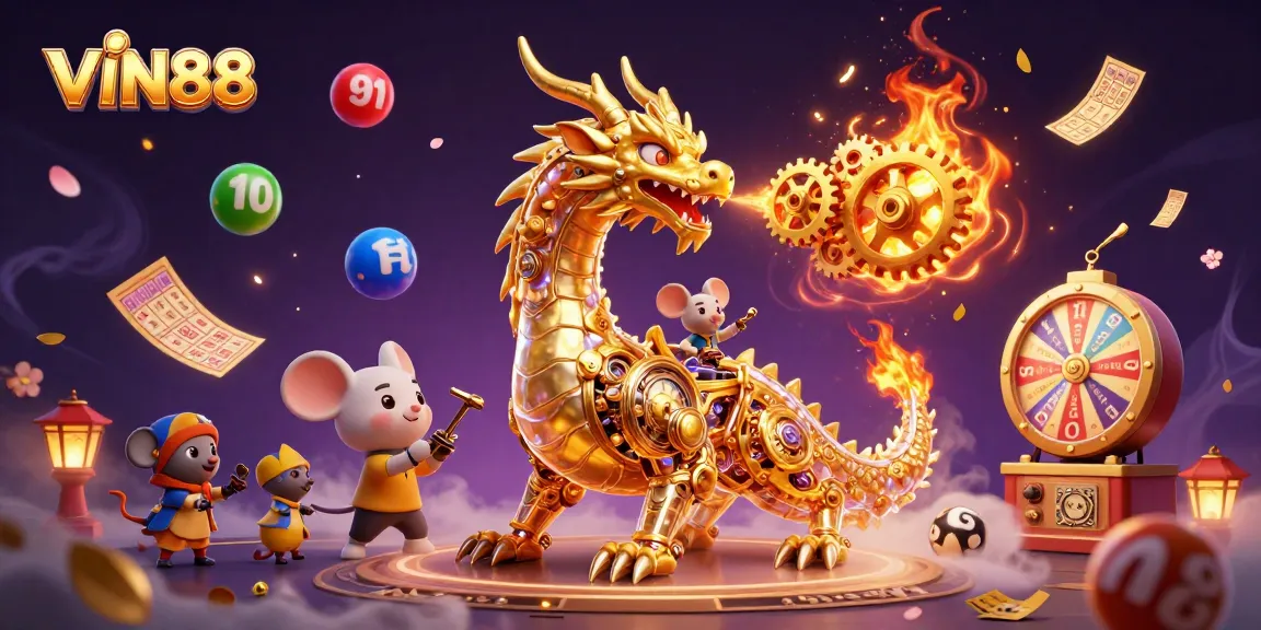 Experience the exhilarating world of VIN88 with an animated illustration of a dragon and vibrant casino elements.