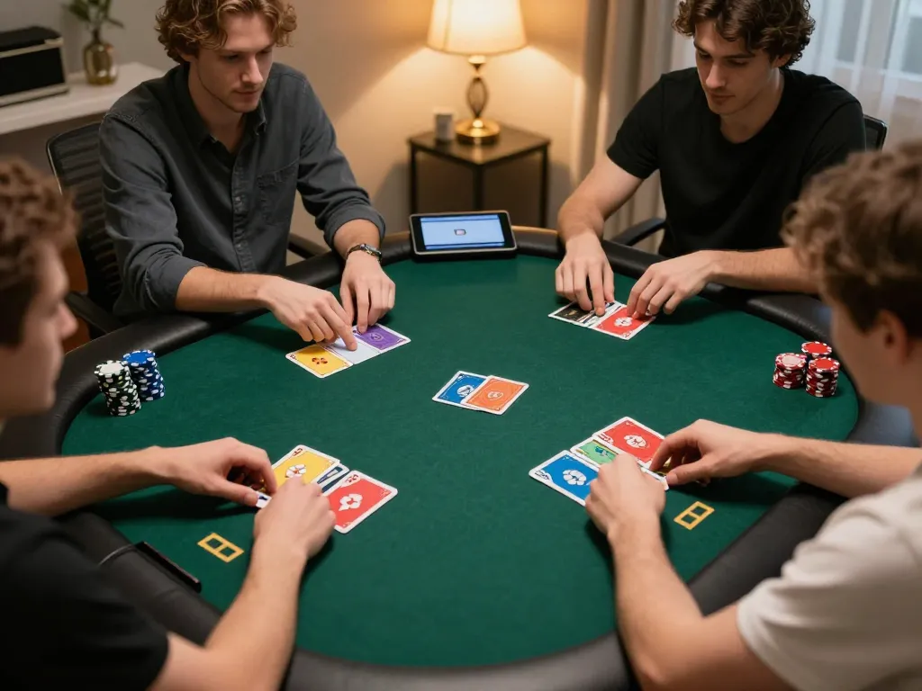 Play poker online at https://da88.navy/ with friends in a cozy home setting, engaging in strategy and fun