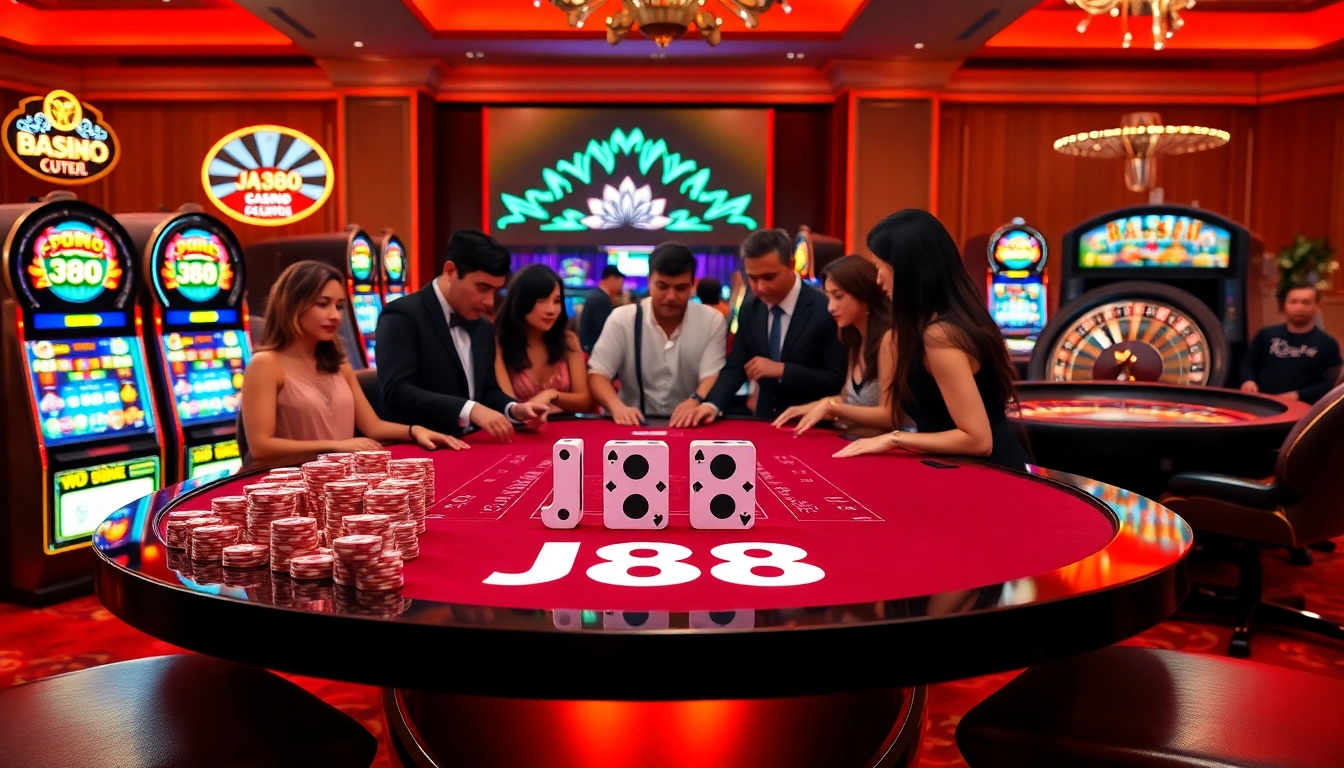 Players experiencing the excitement of gambling at the J88 casino table surrounded by vibrant slot machines.