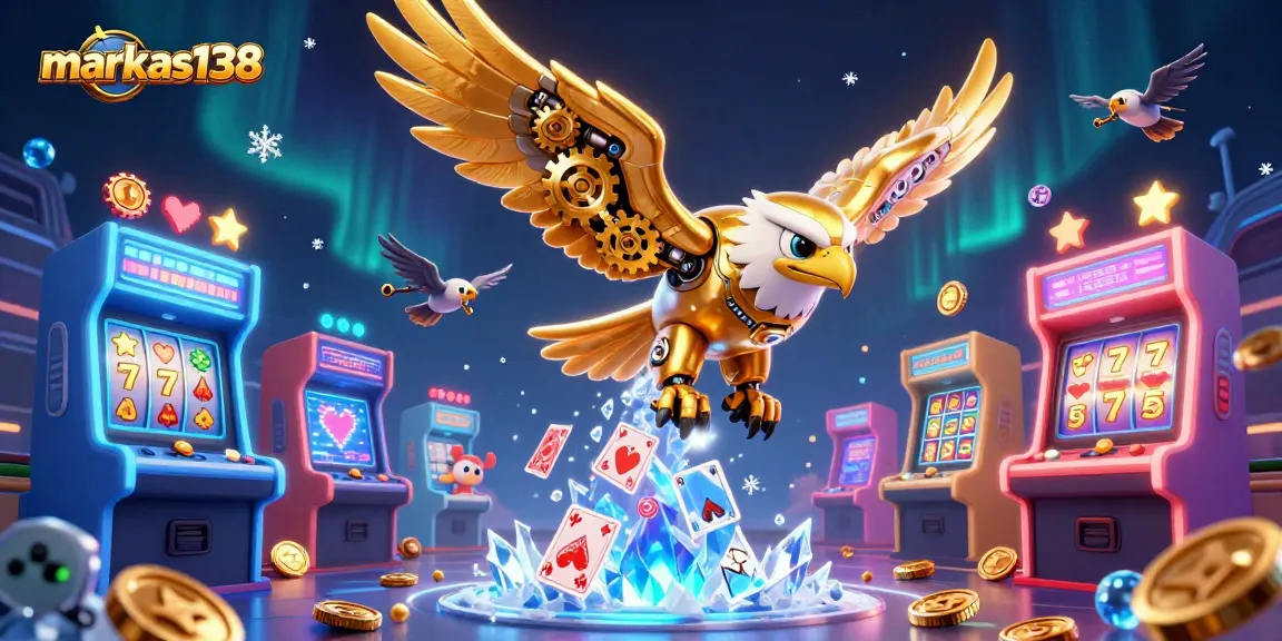 markas138 engages players with a dynamic 3D illustration of a cybernetic golden eagle amidst vibrant casino game elements