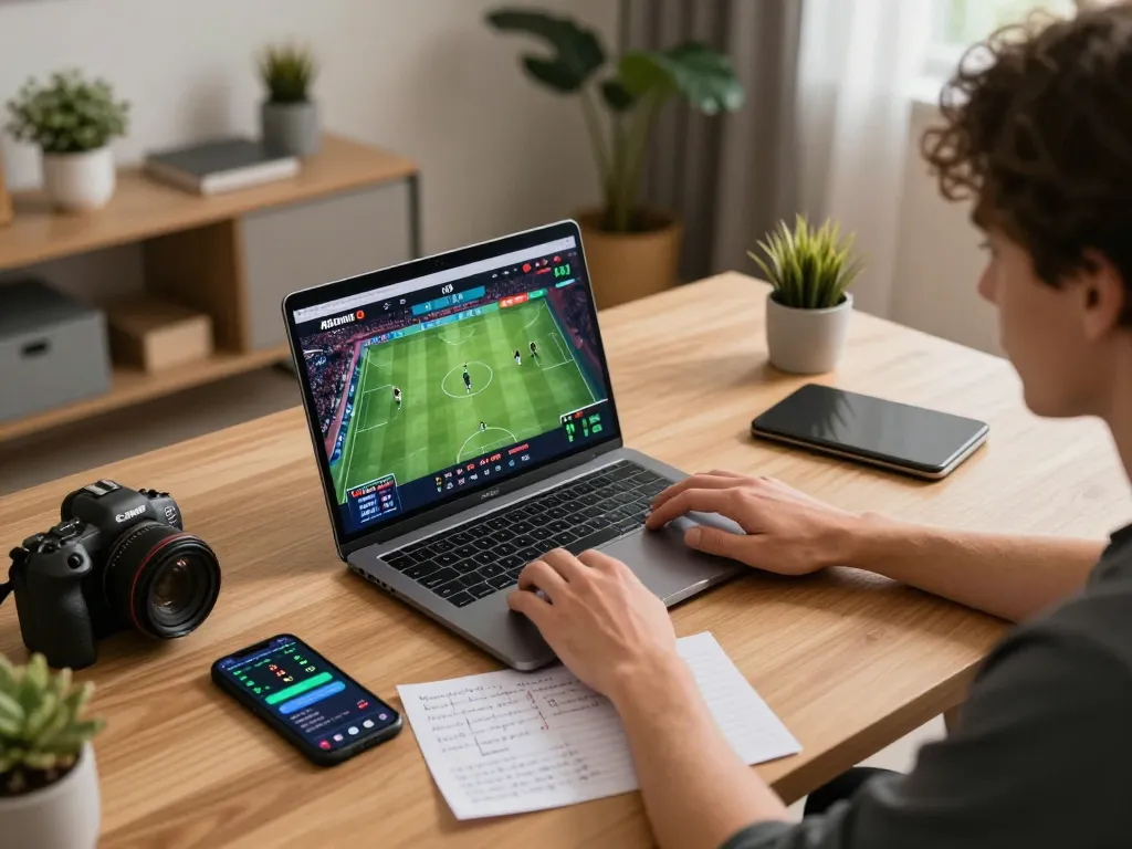 Person betting online at https://www.mnm88.com/ with laptop and smartphone, showcasing responsible gambling strategies.