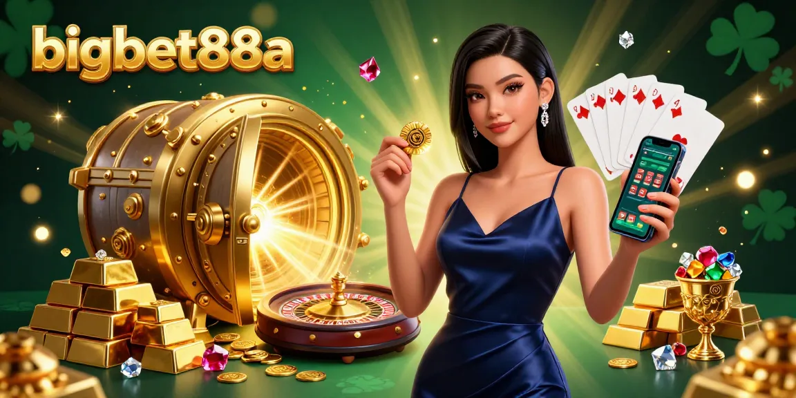 Experience casino excitement with bigbet88a featuring a stunning Asian woman holding a golden chip and smartphone in an energetic scene.