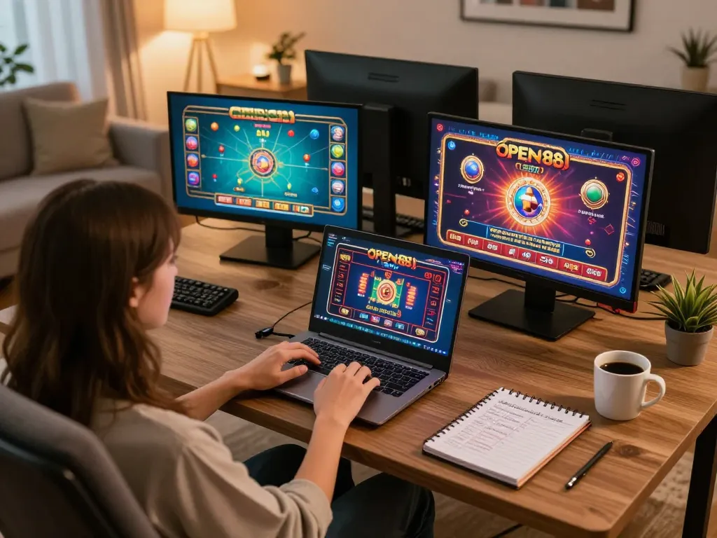 Experience online gaming excitement at OPEN88 using a laptop and strategy notes in a cozy home setup.