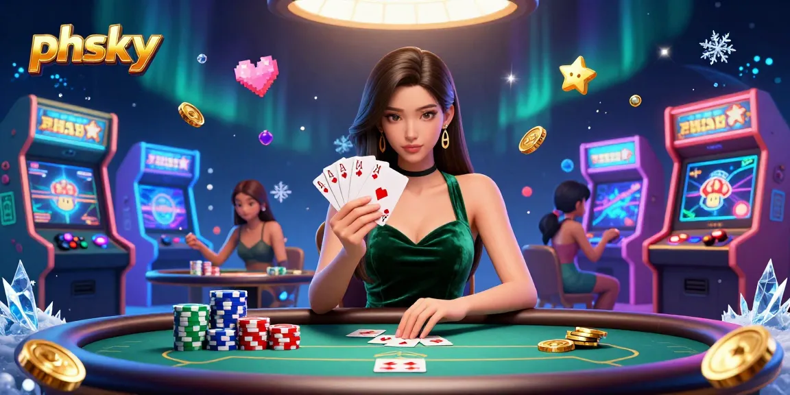 Play exciting poker on phsky with a skillful Asian woman in a vibrant casino setting.