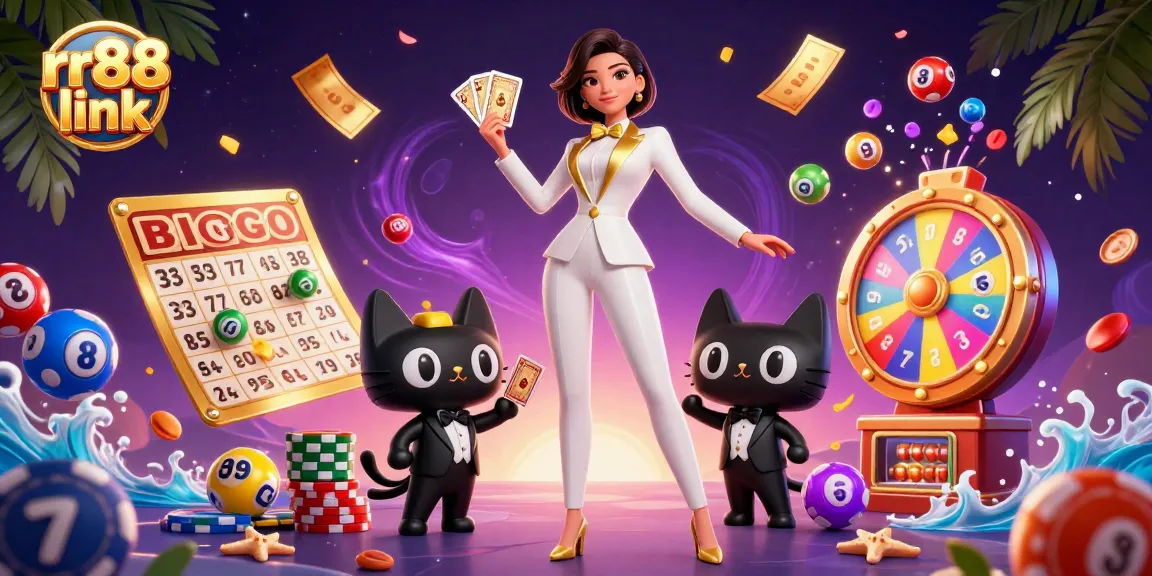 Win big with rr88 link as a glamorous woman shuffles golden cards in a vibrant casino scene.