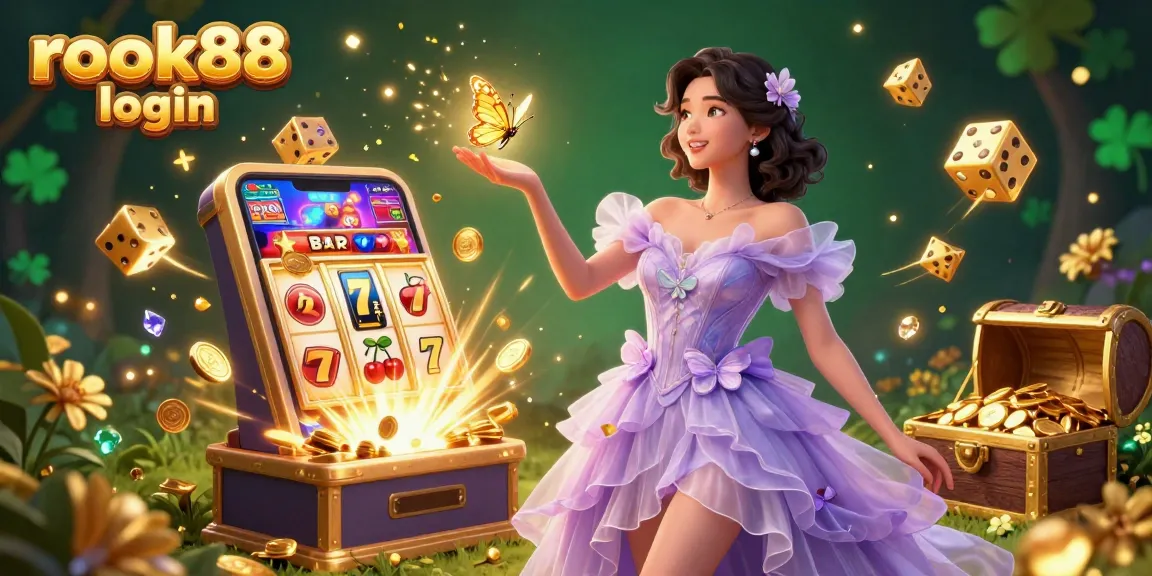 Experience the thrill of gambling with rokok88 login, featuring dynamic slot machines and a stunning Asian woman in a magical scene.