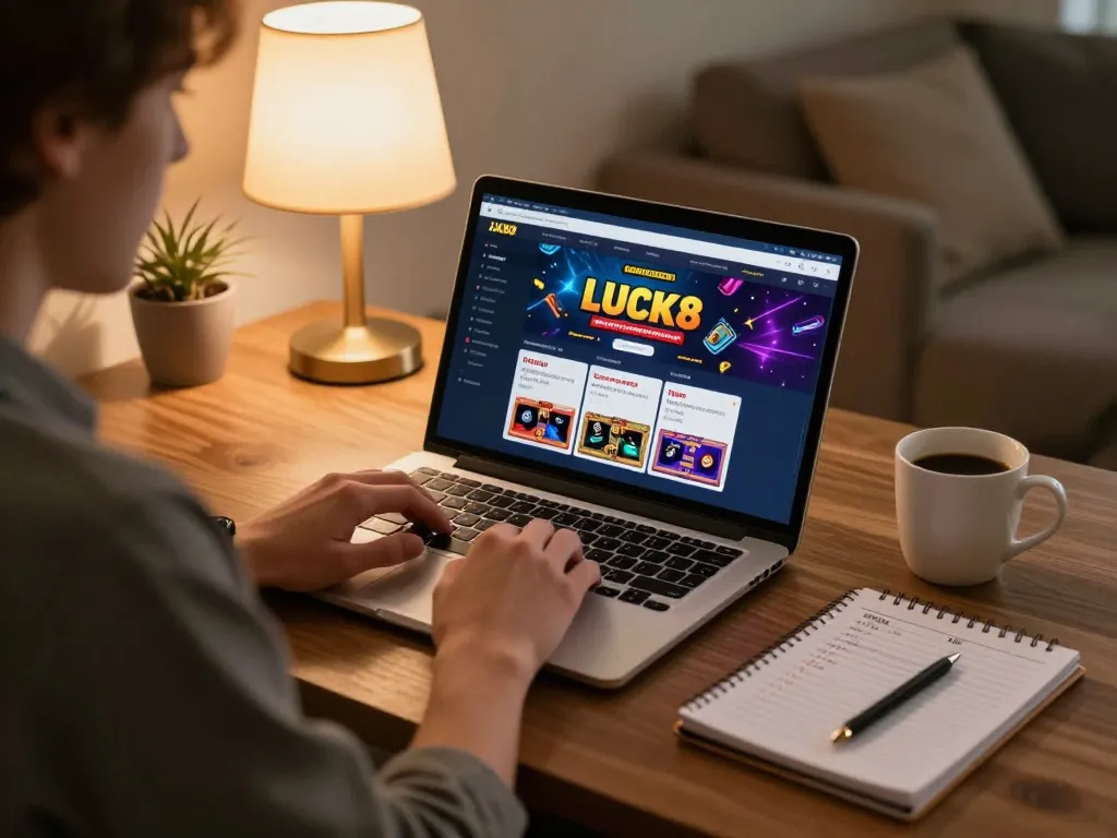 Player enjoying LUCK8 online casino gaming on a laptop with cozy atmosphere.
