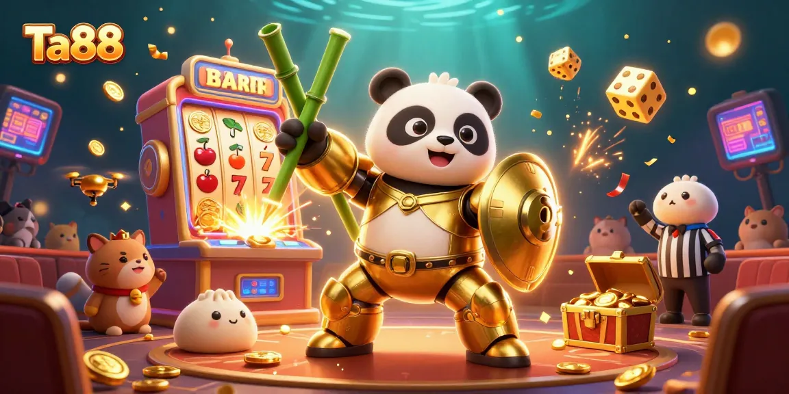 Experience the excitement of Ta88 as the golden panda battles in a vibrant casino arena with dynamic game elements.