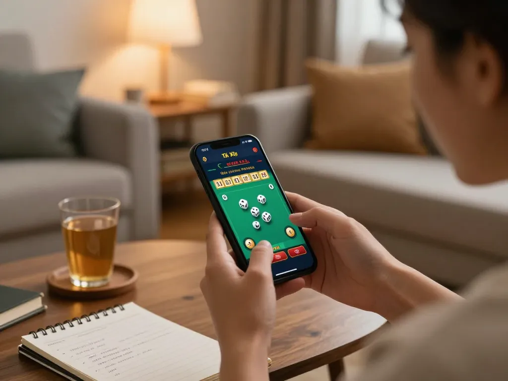Engaging with the app tài xỉu online in a cozy living room setting, showcasing live game action and strategic notes.