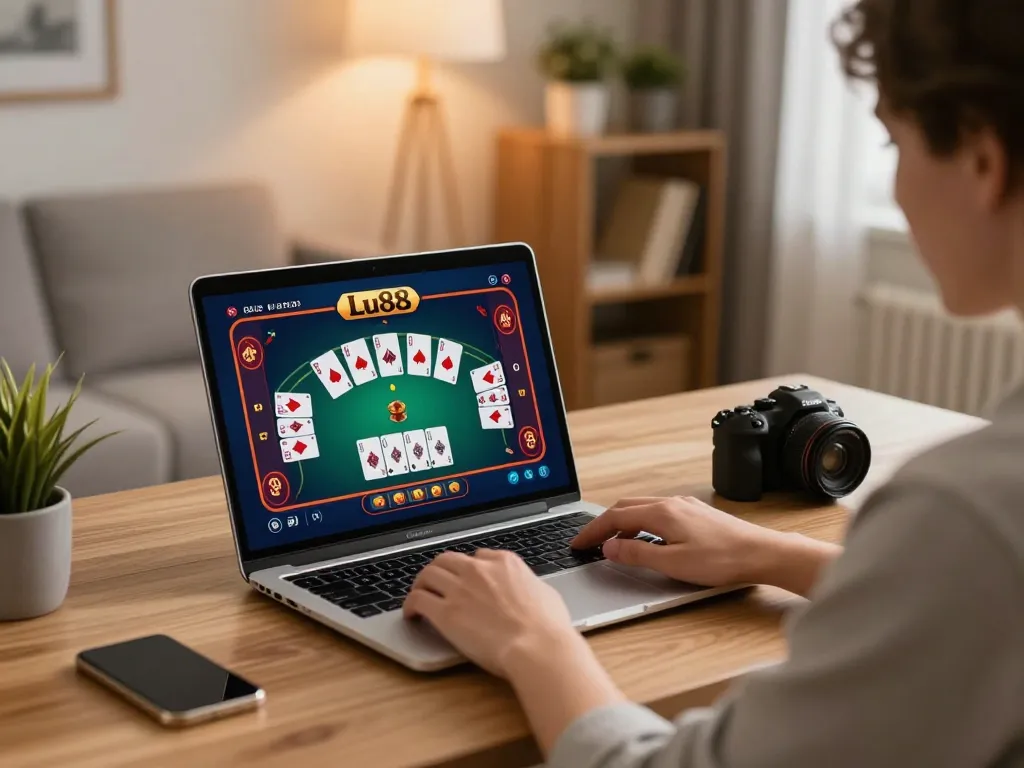 Play poker online with Lu88 on a laptop showcasing live gameplay in a cozy home office.