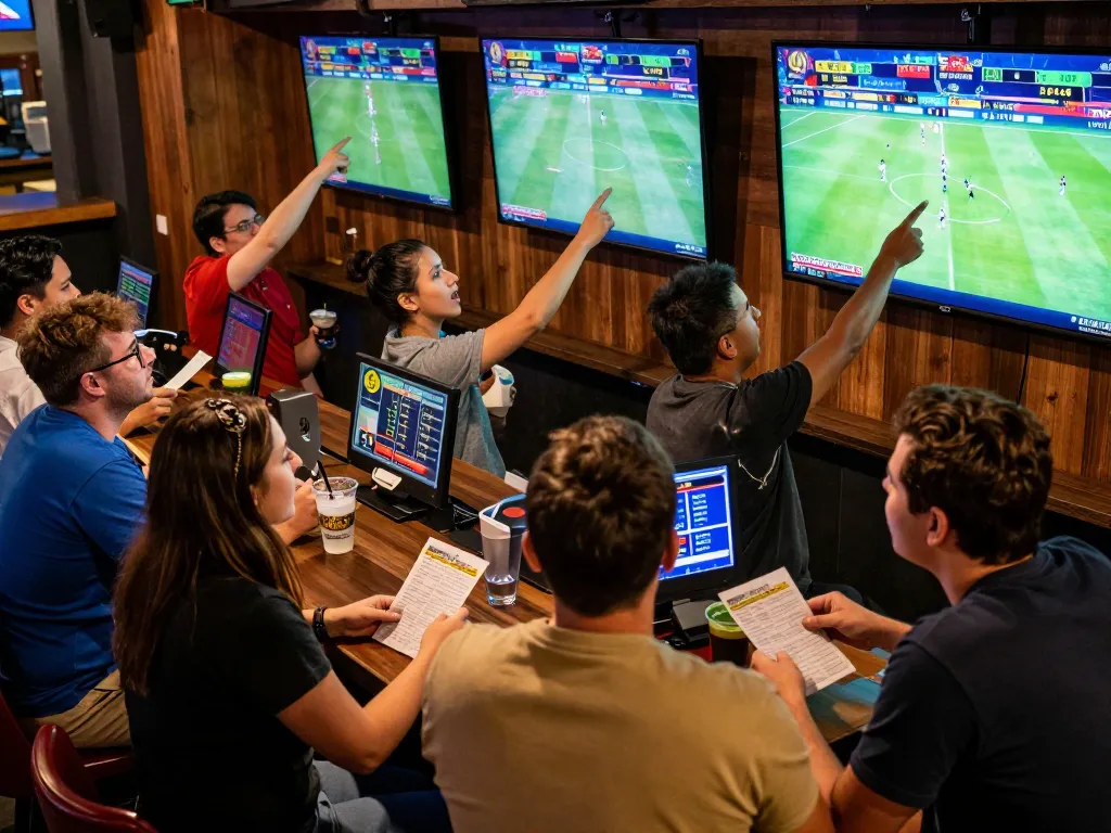 Excited sports fans engaging in betting activities at a lively one88h sports bar.