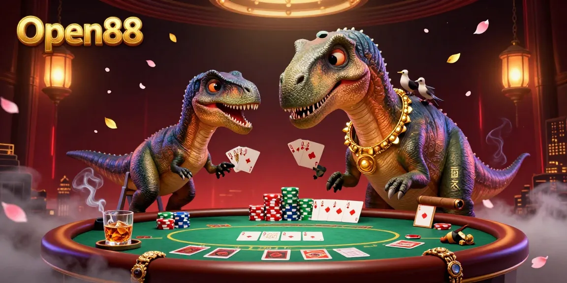 Open88 delivers an engaging poker experience with a playful brontosaurus and a clever raptor managing the game.