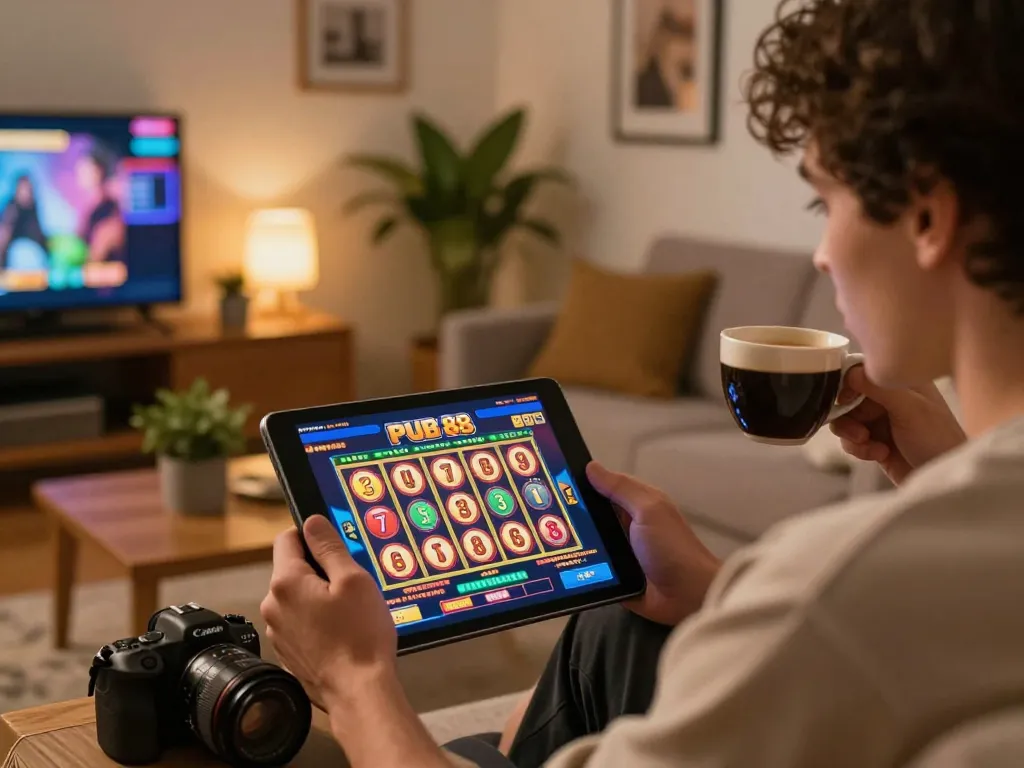 Player engaged with PUB 88 app, enjoying online gaming in a cozy modern living room setting.