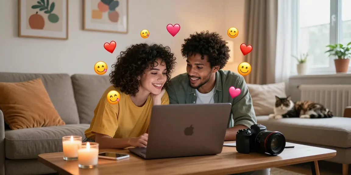 Engaging couple enjoying romantic interaction through porn chat AI in cozy living room, warm and inviting atmosphere.