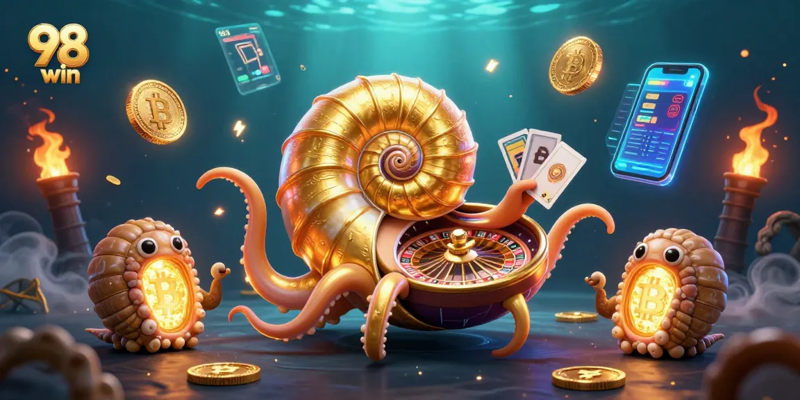 Engage with exciting games at 98 win casino, showcasing a nautilus roulette, dynamic crypto elements, and glowing cards.
