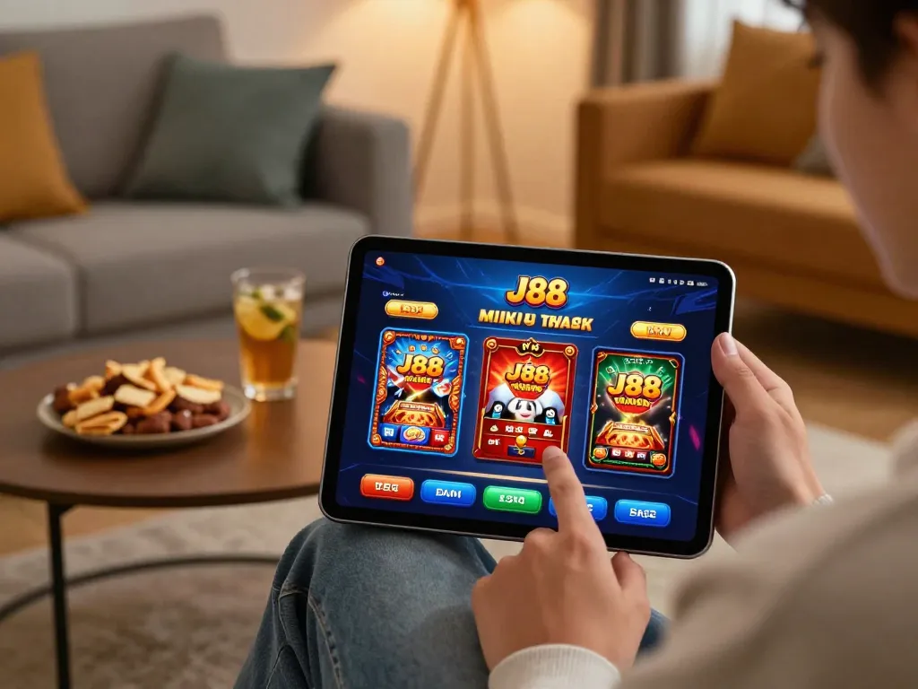 Engaging with the J88 mobile app for online casino gaming, showcasing a cozy home atmosphere.