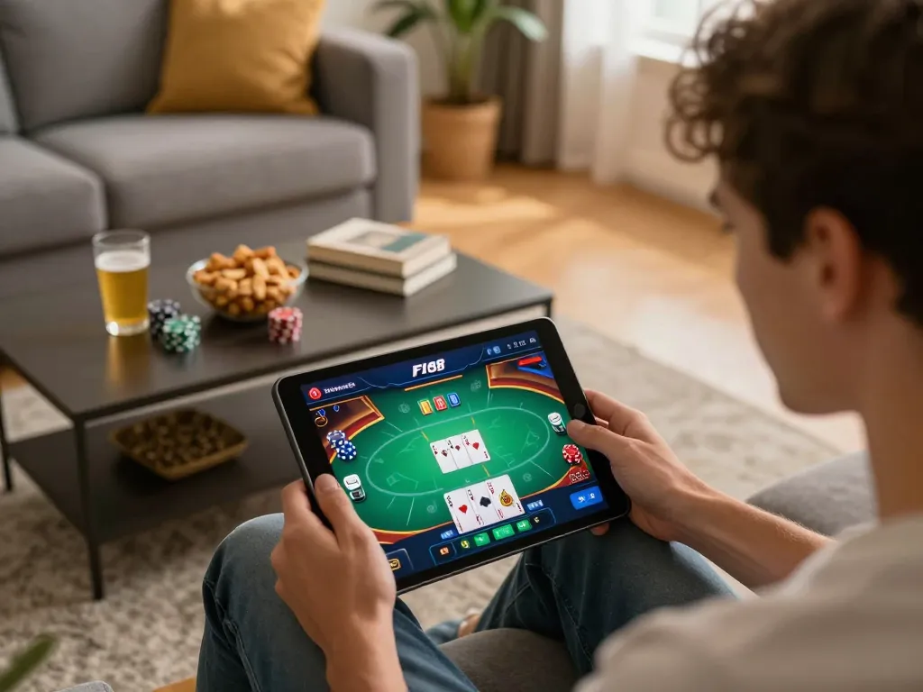 Player enjoying F168 online poker on tablet in cozy home setting, showcasing responsible gaming.