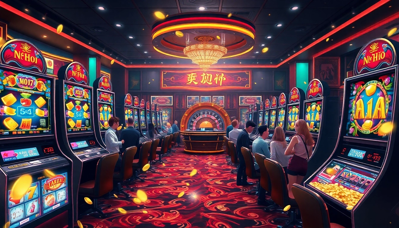 Nổ Hũ Uy Tín gameplay with vibrant slot machines and enthusiastic players celebrating wins