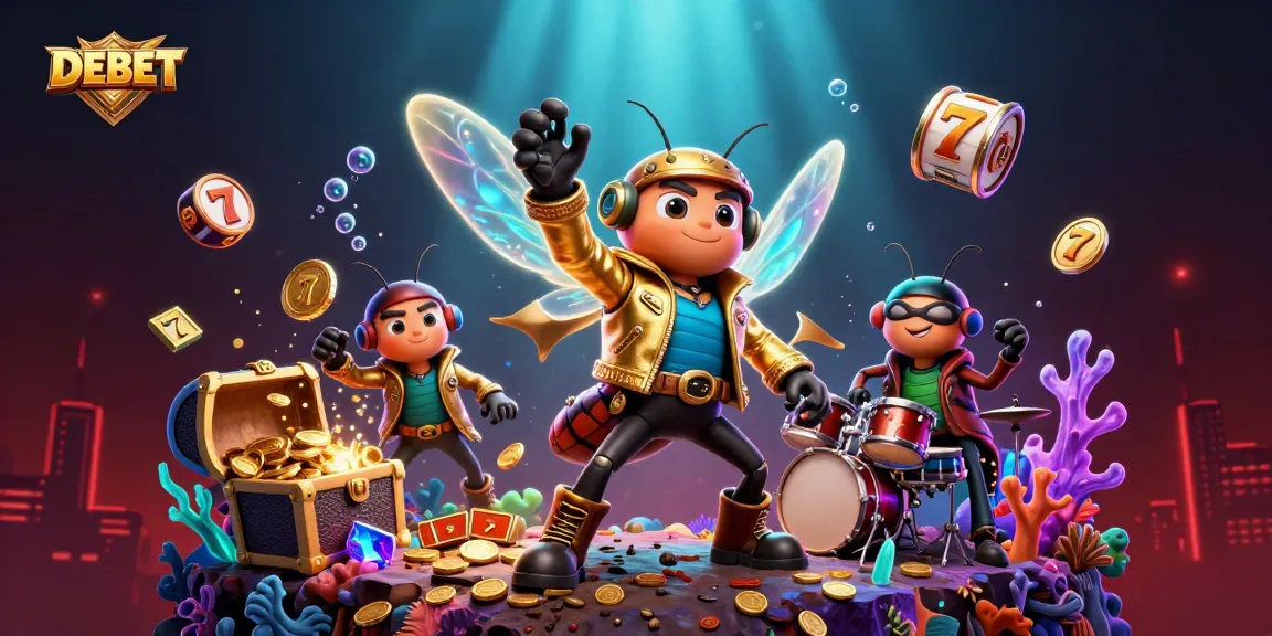Spin the reels with DEBET in an energetic casino scene featuring a rock star cicada and vibrant gaming elements.