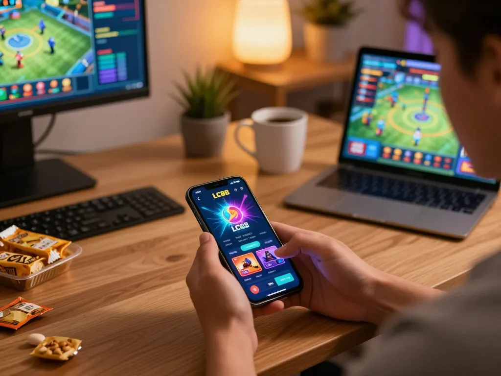 Player using the LC88 app for exciting online gambling on a smartphone, showcasing a vibrant game interface and cozy home setup.