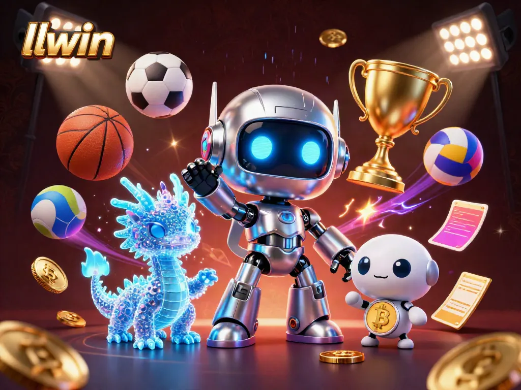 Engage with llwin's dynamic gaming scene featuring a neon-themed robot, sports betting elements, and vibrant colors.
