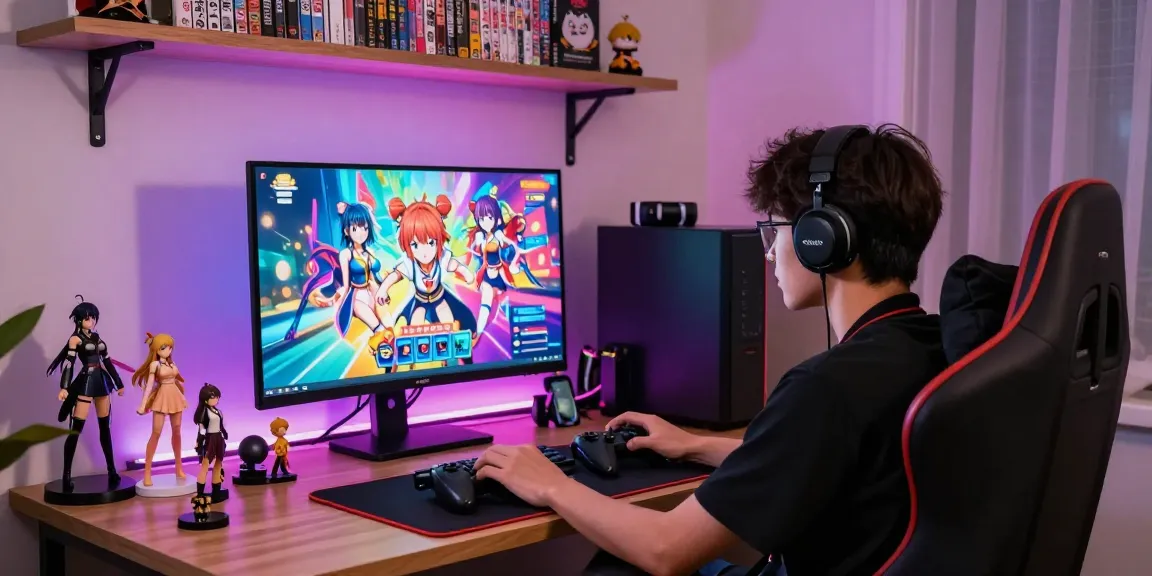 Gamer immersed in a popular hentai game in a cozy room filled with anime decor.