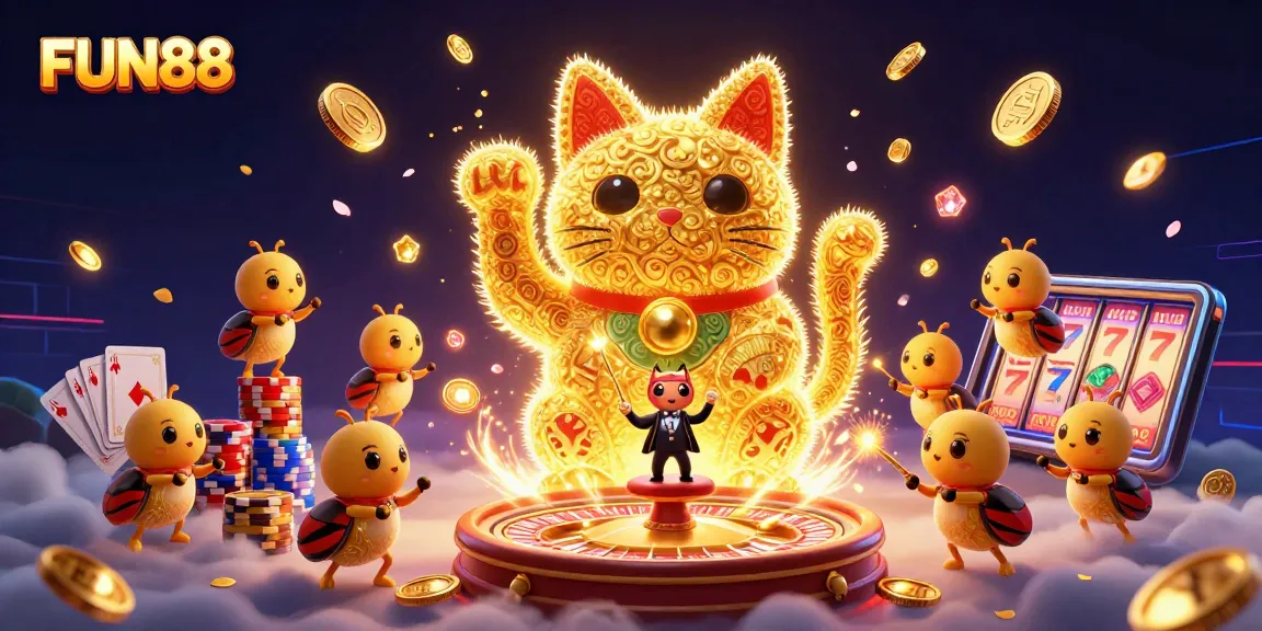 Experience the thrill of FUN88 with exciting casino symbols and vibrant gameplay elements in a dynamic illustration.