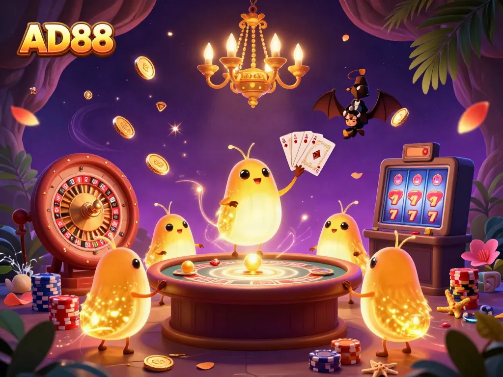 Immerse in the vibrant world of AD88, where glowing glowworms illuminate casino excitement amidst golden coins and spinning roulette.