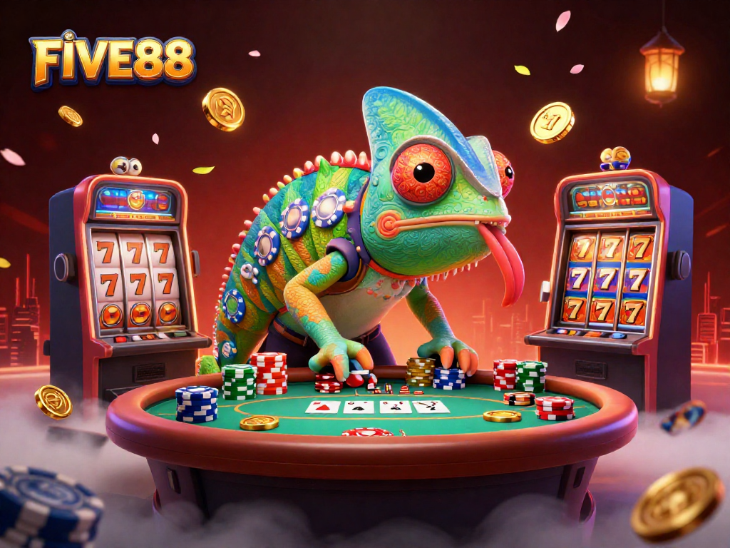 Experience the vibrant world of FIVE88 with a dynamic casino scene featuring colorful characters and slot machines.