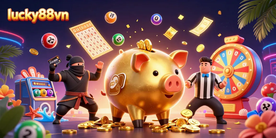 Engage with lucky88vn's thrilling gaming experience featuring a vibrant 3D casino action scene.