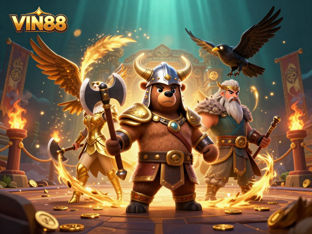 Engage with VIN88's vibrant 3D casino illustration featuring a Viking bear and Valkyrie eagle amidst golden tokens.