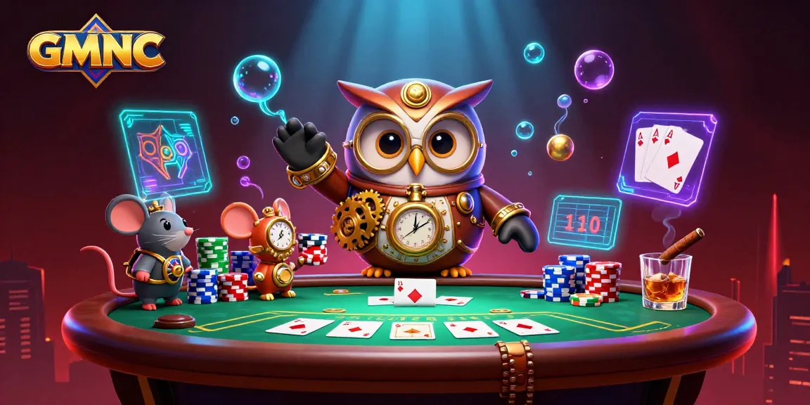 Engage with GMNC's visually striking illustration showcasing a time-traveler owl, poker elements, and steampunk aesthetics.