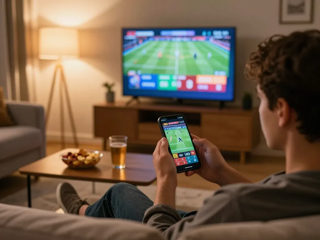 Engaging in TRANG CHỦ KKWIN sports betting on smartphone in a cozy home setup.