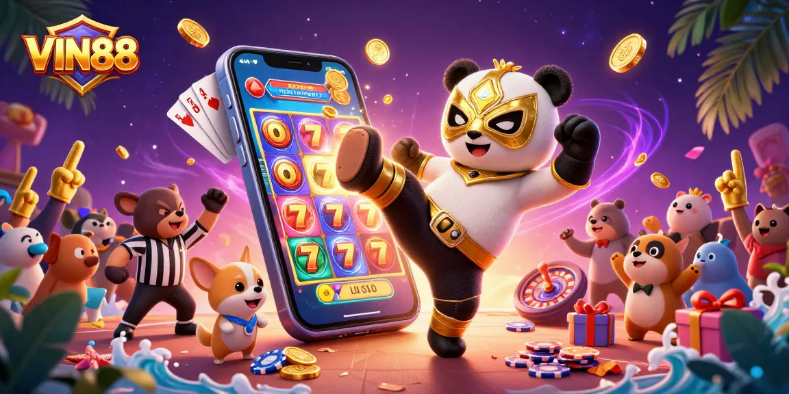 Experience VIN88 with engaging slot machines and animated casino action, featuring lively cartoon characters.