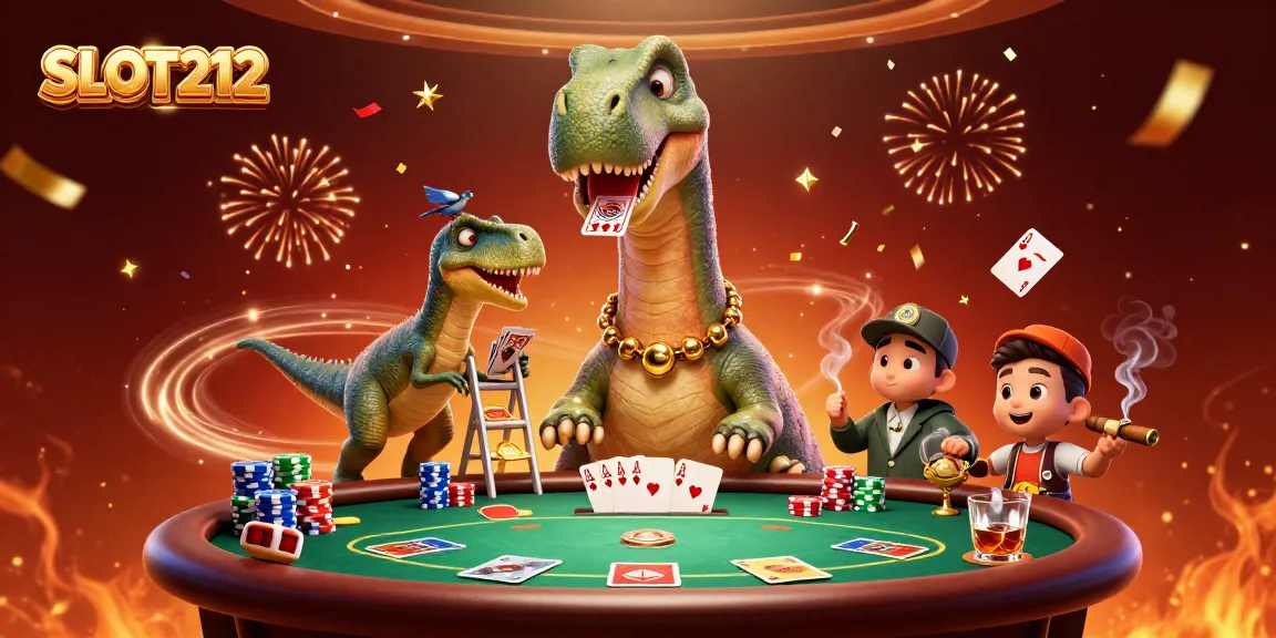 Experience the thrill of SLOT212 with a vibrant poker scene amidst dazzling casino elements.