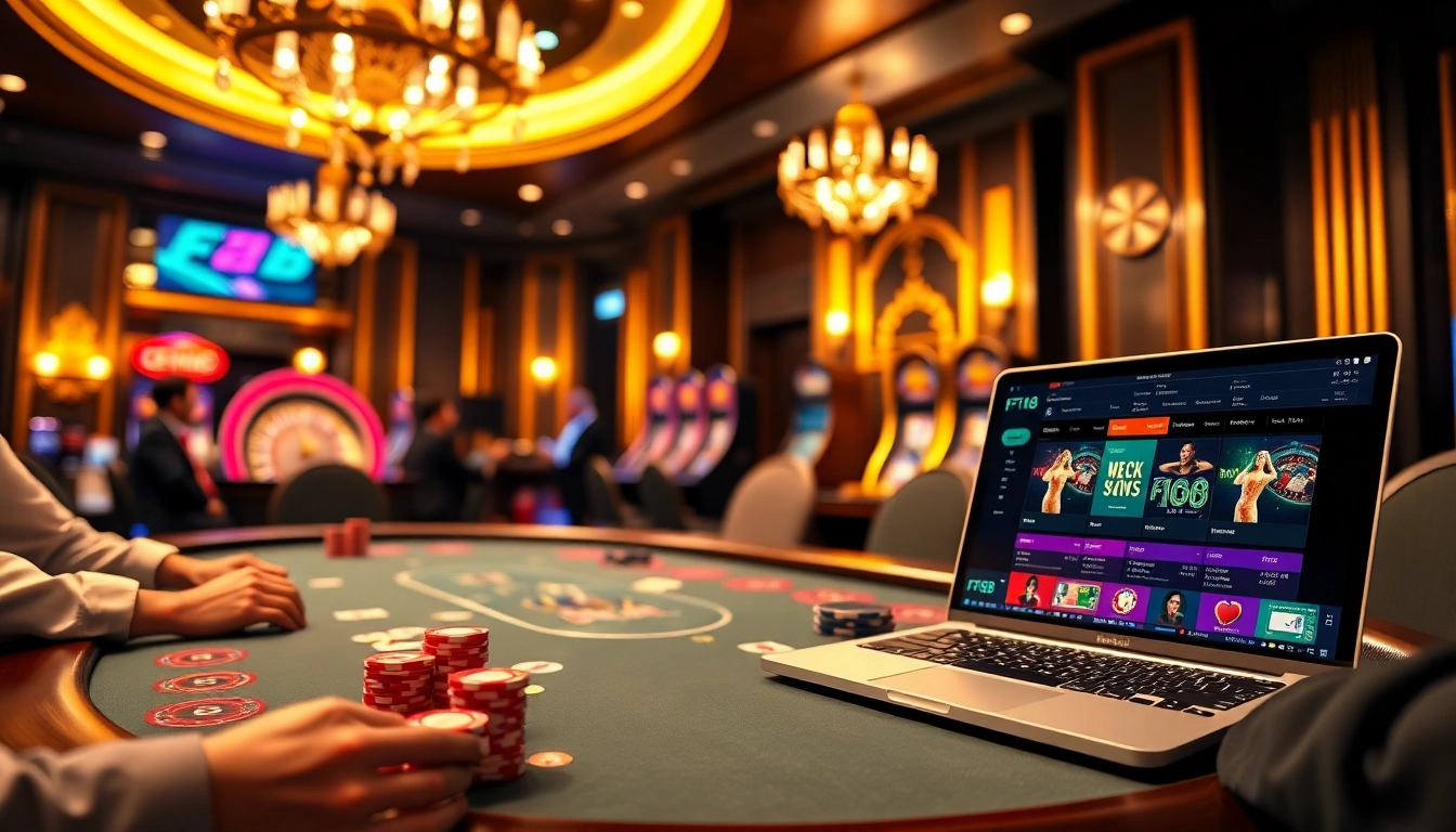 Engaging players at an f168 poker table amid a dynamic casino atmosphere filled with excitement.