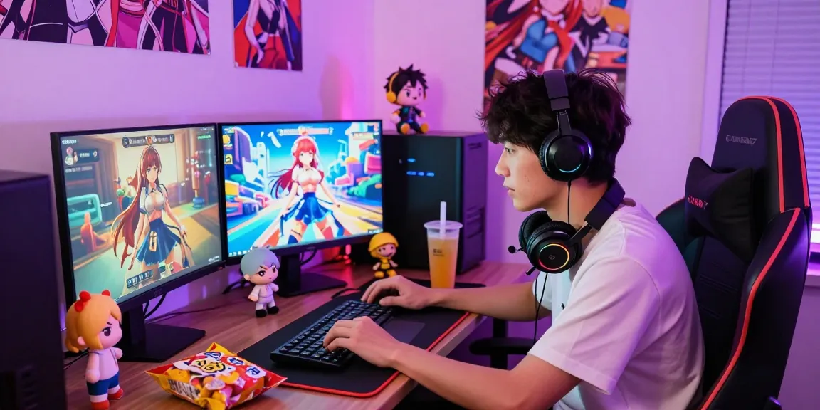 Player engrossed in hentai games on a laptop, with vibrant anime graphics and snacks, creating an immersive gaming atmosphere.