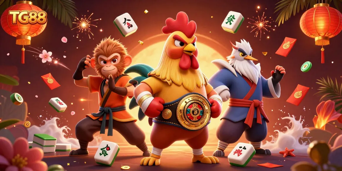 Experience thrilling gaming with TG88's vibrant characters and festive elements in a dynamic casino scene.